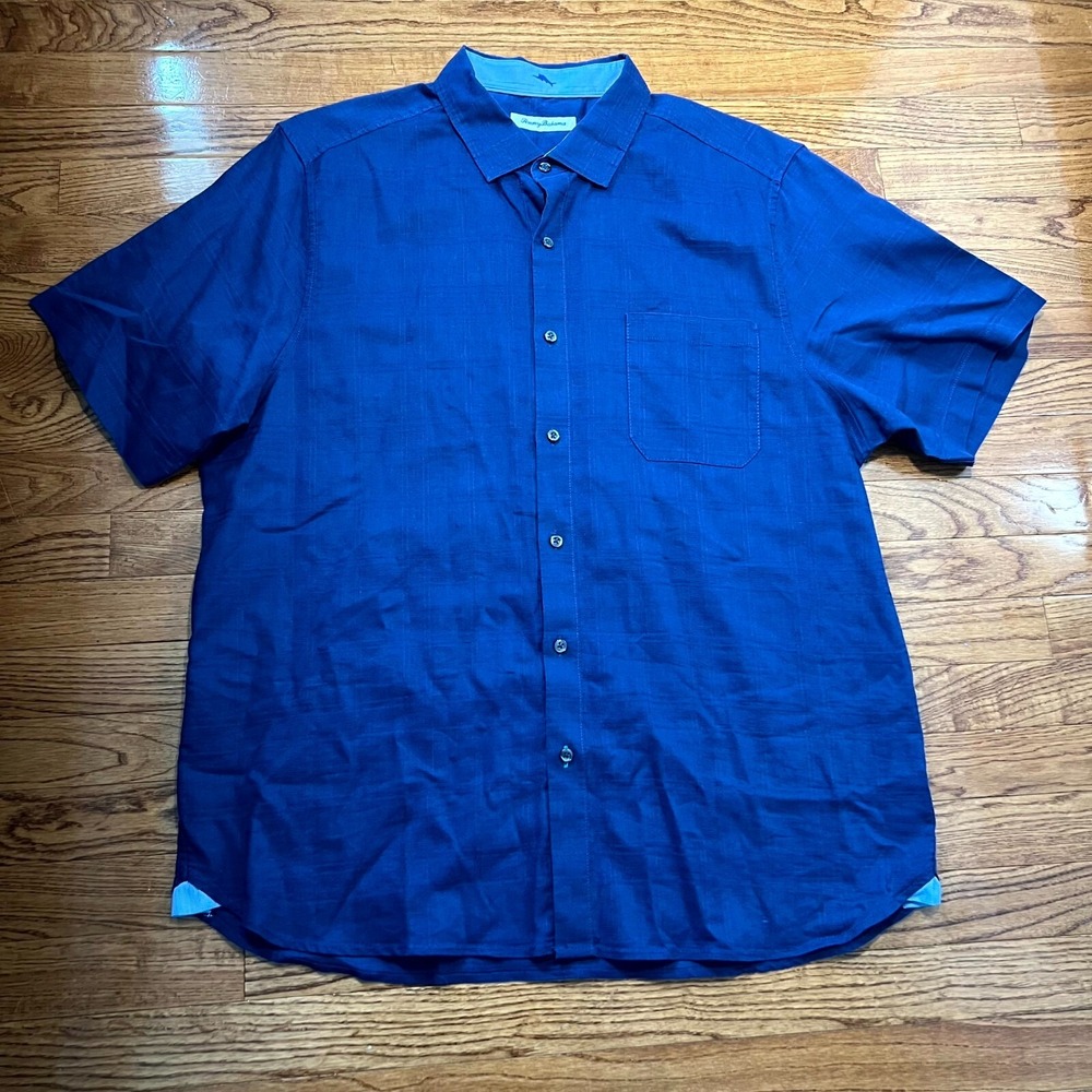 Tommy Bahama Shirt Mens XL Blue Check Linen Blend Casual Outdoor Short Sleeve